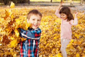 Two children playing happily in a pile of fallen leaves